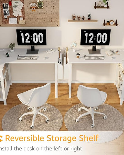 White L Shaped Computer Desk with Power Outlet Shelves, 40 Inch Small Corner Desk for Small Space Home Office, Study Work PC Desks for Bedroom, White - LeafyLoom