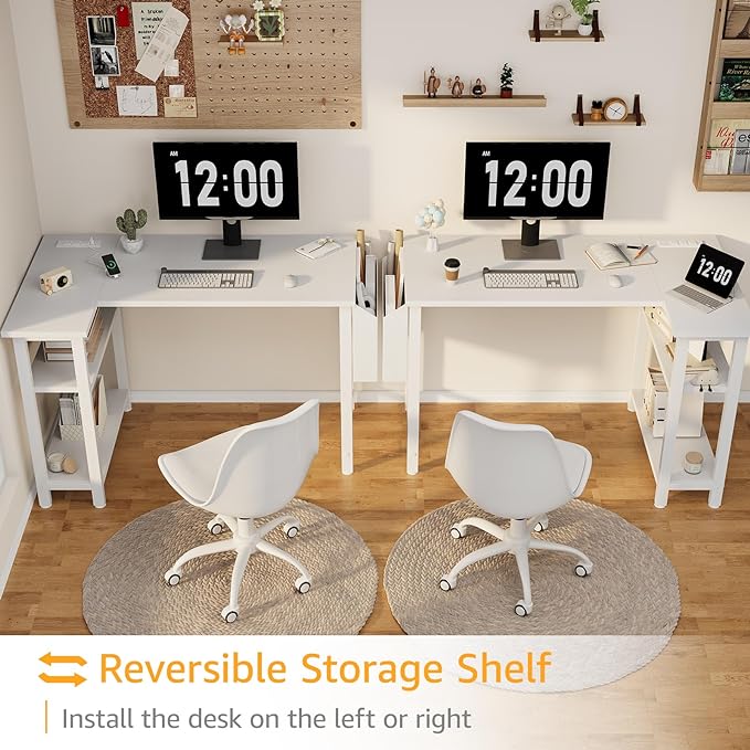 White L Shaped Computer Desk with Power Outlet Shelves, 40 Inch Small Corner Desk for Small Space Home Office, Study Work PC Desks for Bedroom, White - LeafyLoom