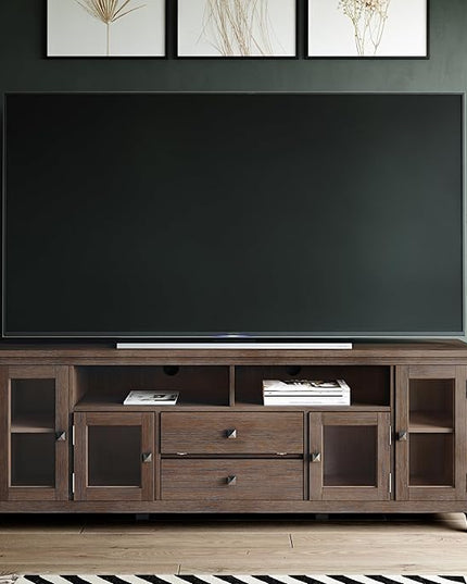 SIMPLIHOME Cosmopolitan SOLID WOOD Universal TV Media Stand, 72 inch Wide, Contemporary, Living Room Entertainment Center with Storage, for Flat Screen TVs up to 80 inches in Farmhouse Brown - LeafyLoom