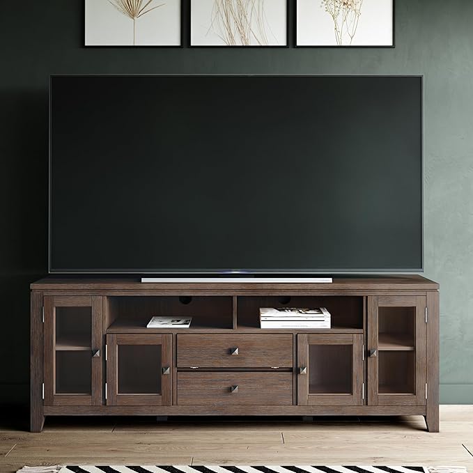 SIMPLIHOME Cosmopolitan SOLID WOOD Universal TV Media Stand, 72 inch Wide, Contemporary, Living Room Entertainment Center with Storage, for Flat Screen TVs up to 80 inches in Farmhouse Brown - LeafyLoom