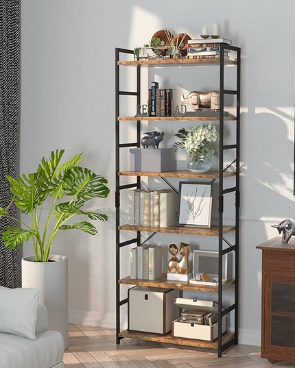 NUMENN 6 Tier Bookshelf, Tall Bookcase Shelf Storage Organizer, Modern Book Shelf for Bedroom, Living Room and Home Office, Vintage - LeafyLoom