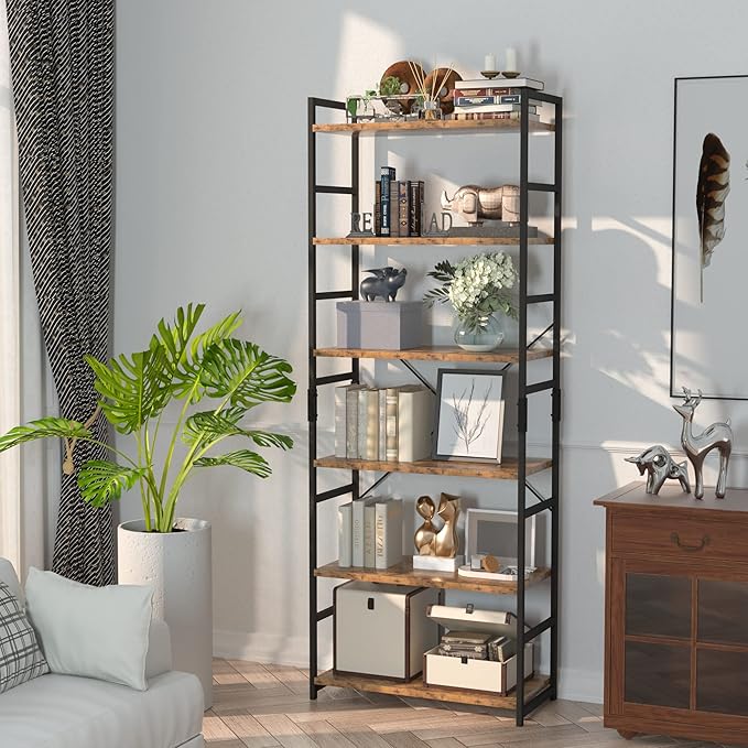 NUMENN 6 Tier Bookshelf, Tall Bookcase Shelf Storage Organizer, Modern Book Shelf for Bedroom, Living Room and Home Office, Vintage - LeafyLoom