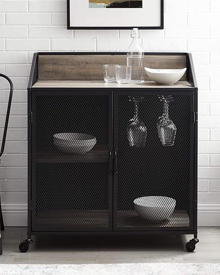 Walker Edison Malcomb Urban Industrial Metal Mesh Double Door Rolling Bar Cabinet, 33 Inch, Grey - LeafyLoom