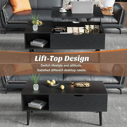 Sweetcrispy Coffee Table Black, Lift Top Coffee Tables for Living Room, Small Rising Wooden Dining Center Tables with Storage Shelf and Hidden Compartment - LeafyLoom