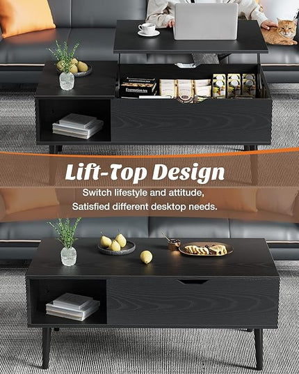 Sweetcrispy Coffee Table Black, Lift Top Coffee Tables for Living Room, Small Rising Wooden Dining Center Tables with Storage Shelf and Hidden Compartment - LeafyLoom