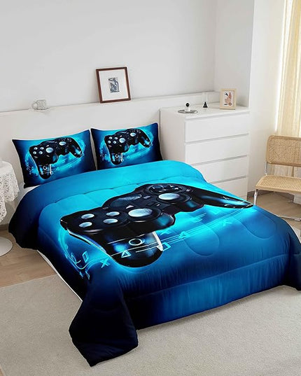 Feelyou Gamer Bedding Set for Boys Full Size Comforter Set Kids Gaming Comforter Blue Gamer Room Decor Video Game Gamepad Bed Set Teens Teenage Bedding Soft Warm 1 Comforter with 2 Pillowcases - LeafyLoom