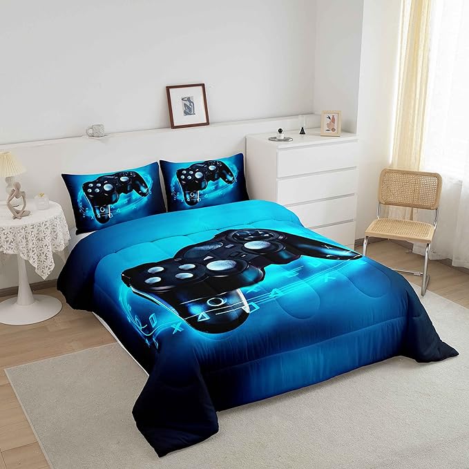 Feelyou Queen Size Gaming Comforter Set for Boys Gamer Bedding Set for Teens Kids Gamer Room Decor Blue Video Games Comforter Duvet Set Gamepad Quilted All Season 1 Comforter with 2 Pillow Cases - LeafyLoom
