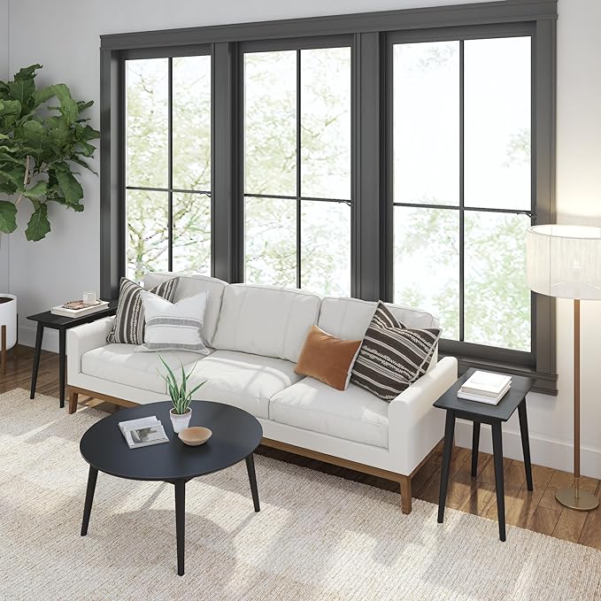 Plank+Beam Mid Century Modern Coffee Table, 36 Inch Wood Coffee Tables for Living Room, Round Center Table, Cocktail Table for Small Spaces, Black - LeafyLoom