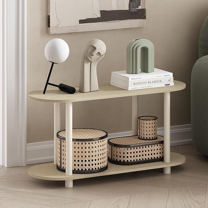Furinno Turn-N-Tube No Tools Modern Oval Side Table, Bauhaus Oak/Beige - LeafyLoom