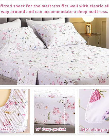 QSH Floral Bed Sheets Set King Size - Shabby Flower Bee Print Bed Sheet Set - Extra Soft and Breathable 100% Egyptian Cotton - 4 pcs King Size Sheets with Deep Pockets Flower Bed Sheets - LeafyLoom