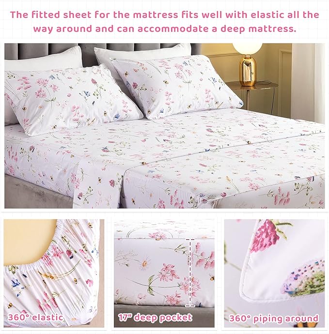 QSH Floral Bed Sheets Set King Size - Shabby Flower Bee Print Bed Sheet Set - Extra Soft and Breathable 100% Egyptian Cotton - 4 pcs King Size Sheets with Deep Pockets Flower Bed Sheets - LeafyLoom