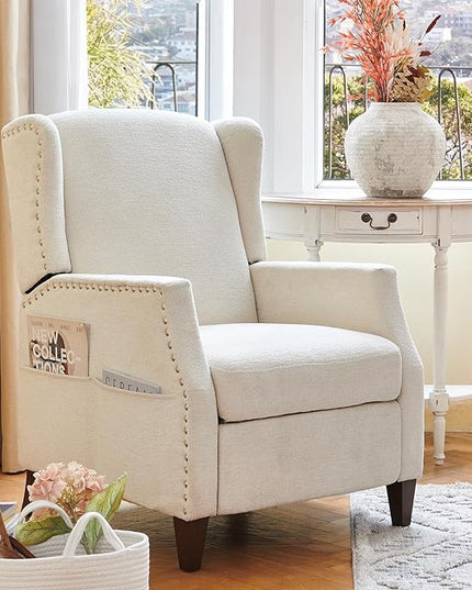COLAMY Wingback Pushback Recliner Chair with Storage Pocket, Upholstered Fabric Living Room Chair Armchair with Wood Legs and Nailhead Trim, Beige - LeafyLoom