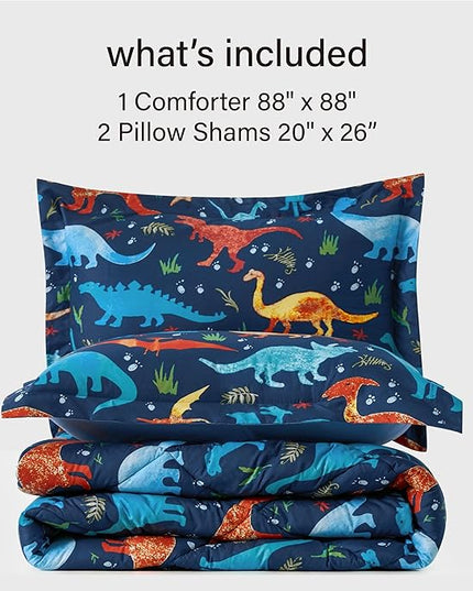 Queen Dinosaur Kids Bedding Set for Boys, 3 Pieces Queen Dinosaur Kids Comforter Sets, Super Soft Lightweight for All Seasons, Includes 1 Comforter (88"x88") and 2 Pillowcase (20"x26"+2") - LeafyLoom