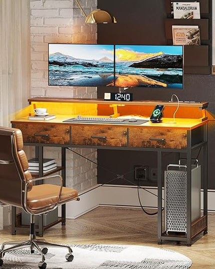 AODK 48 inch Computer Desk with 3 Drawers, Gaming Desk with LED Lights & Power Outlets, Home Office Desk with Storage Shelves & Monitor Stand, Modern Work Study Writing Table for Small Spaces, Vintage - LeafyLoom