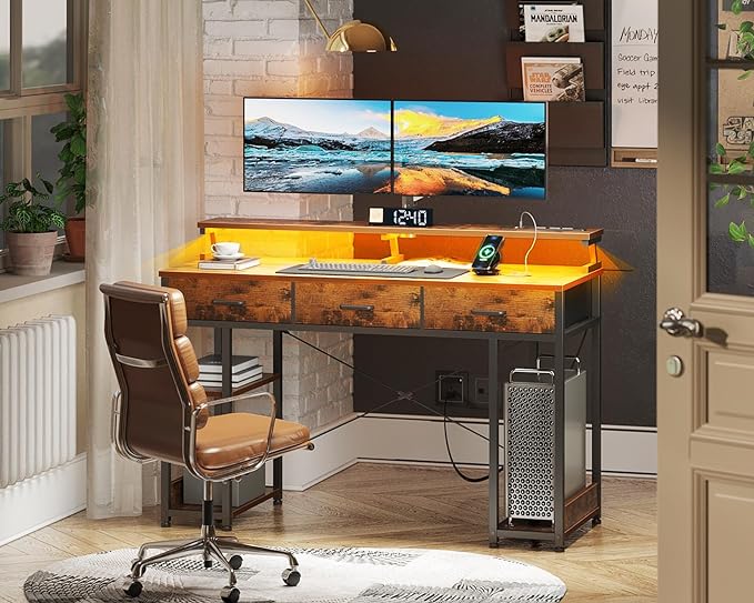 AODK 48 inch Computer Desk with 3 Drawers, Gaming Desk with LED Lights & Power Outlets, Home Office Desk with Storage Shelves & Monitor Stand, Modern Work Study Writing Table for Small Spaces, Vintage - LeafyLoom