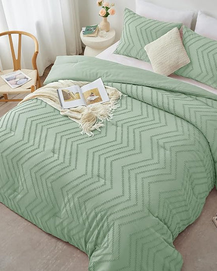 CozyLux Full Size Comforter Set Sage Green - 3 Pieces Boho Tufted Shabby Chic Bedding Comforter Set for All Seasons, Chevron Bedding Sets with Comforter & 2 Pillow Shams - LeafyLoom