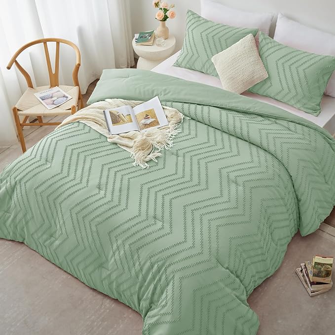 CozyLux Queen Comforter Set Sage Green - 3 Pieces Boho Tufted Shabby Chic Bedding Comforter Set for All Seasons, Chevron Bedding Sets with Comforter & 2 Pillow Shams - LeafyLoom