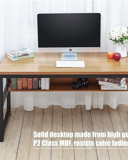 TOPSKY Computer Desk with Bookshelf/Metal Hole Cable Cover 1.18" Thick Desk (55", Oak Brown) - LeafyLoom