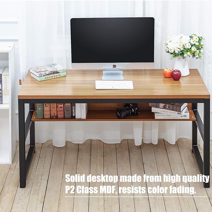 TOPSKY Computer Desk with Bookshelf/Metal Hole Cable Cover 1.18" Thick Desk (55", Oak Brown) - LeafyLoom