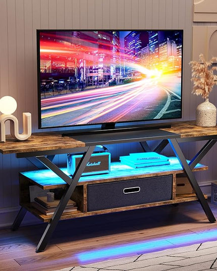 Bestier LED TV Stand for Bedroom TV Entertainment Center 55 inch for TV up to 65 in, Gaming TV Console W/Fabric Drawer Storage for Living Room with LED Lights 20 Modes, Rustic Brown - LeafyLoom