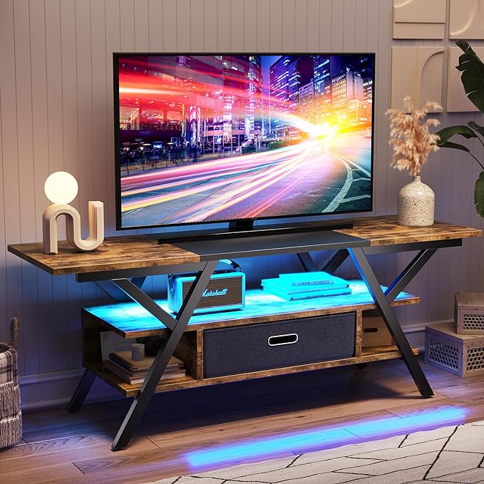 Bestier LED TV Stand for Bedroom TV Entertainment Center 55 inch for TV up to 65 in, Gaming TV Console W/Fabric Drawer Storage for Living Room with LED Lights 20 Modes, Rustic Brown - LeafyLoom