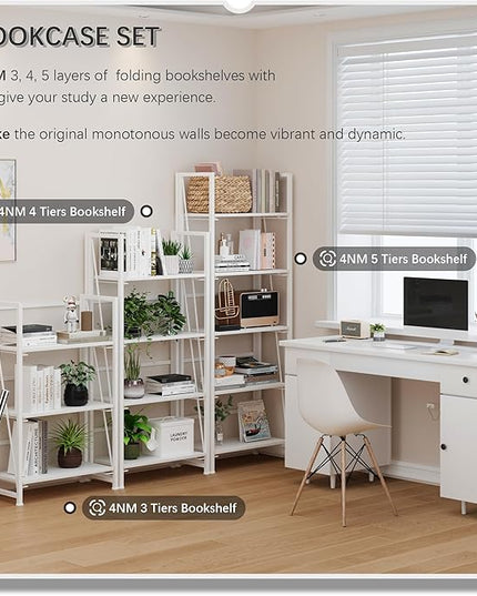 4NM No-Assembly Folding Bookshelf Storage Shelves 5 Tiers with 2 Drawers Vintage Bookcase Standing Racks Study Organizer Home Office (All White) - LeafyLoom