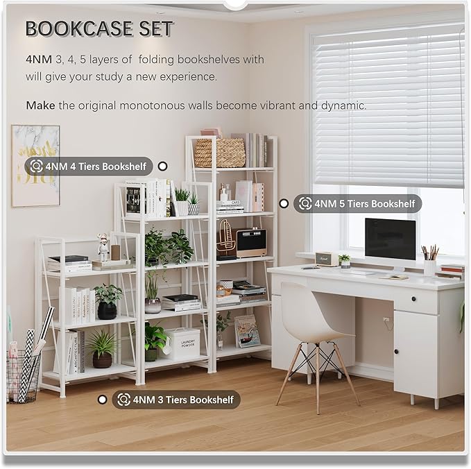 4NM No-Assembly Folding Bookshelf Storage Shelves 5 Tiers with 2 Drawers Vintage Bookcase Standing Racks Study Organizer Home Office (All White) - LeafyLoom
