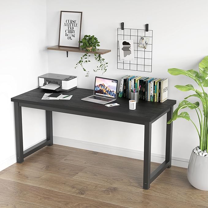 NSdirect 63 inch Computer Desk,Modern Simple Style PC Table Office Desk Wide Workstation for Study Writing,Gaming and Home Office,Extra 1" Thicker Wooden Tabletop and Black Metal Frame,Black - LeafyLoom