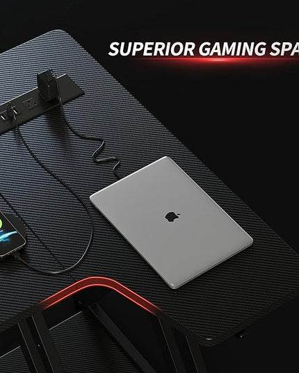 CubiCubi Aurora Gaming Desk with LED Lights & Power Outlets, 40 Inch L Shaped Carbon Fiber Surface Desk with Storage Shelves, Small Corner Computer Desk with Monitor Shelf, Gamer Desk PC Table, Black - LeafyLoom