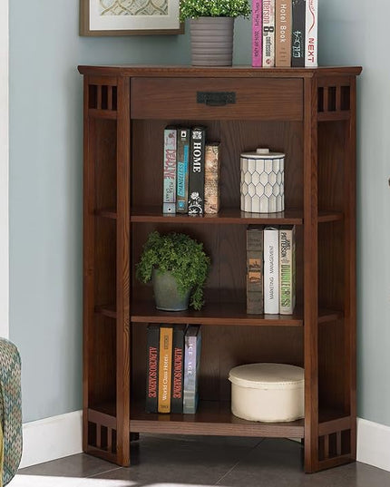 Leick Home Mantel Height Corner Bookcase with Drawer Storage, Made with Solid Wood, for Entryway, Living Rooms, Home Office, Bedroom, Mission Oak Finish, 12"D x 32"W x 50"H, Brownbronze - LeafyLoom