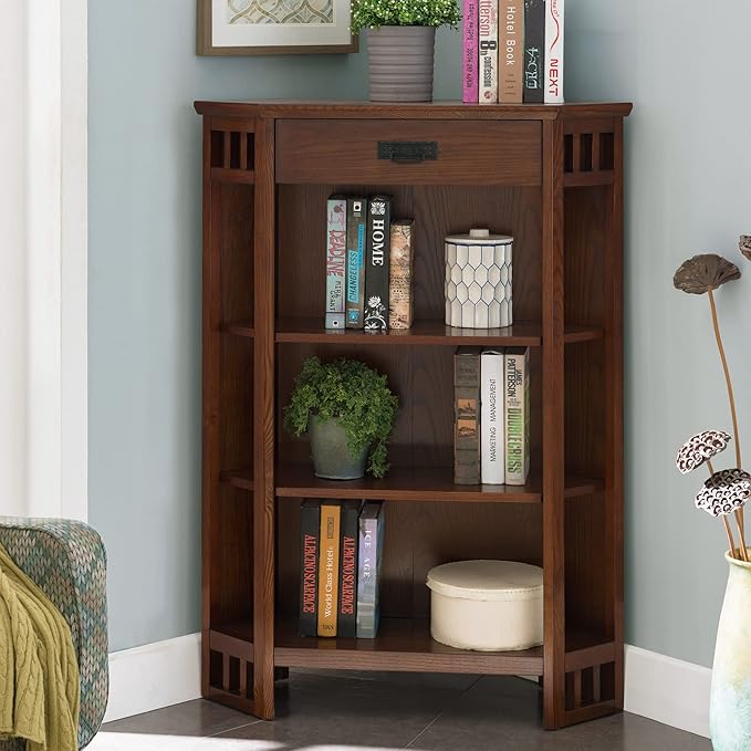 Leick Home Mantel Height Corner Bookcase with Drawer Storage, Made with Solid Wood, for Entryway, Living Rooms, Home Office, Bedroom, Mission Oak Finish, 12"D x 32"W x 50"H, Brownbronze - LeafyLoom