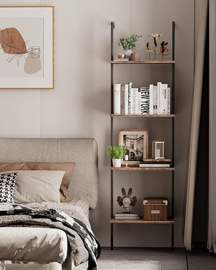 Ladder Shelf 4 Tiers Metal Industrial Bookshelf,Brown Wood Tall Open Storage Rack and Display Shelves,Wall Mount Wide Book Case for Home Office Bedroom,Small - LeafyLoom