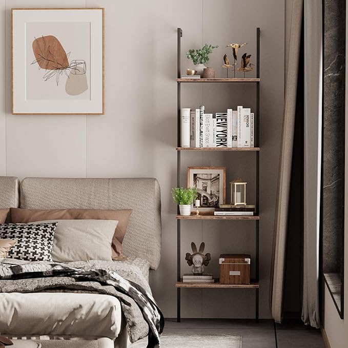 Ladder Shelf 4 Tiers Metal Industrial Bookshelf,Brown Wood Tall Open Storage Rack and Display Shelves,Wall Mount Wide Book Case for Home Office Bedroom,Small - LeafyLoom