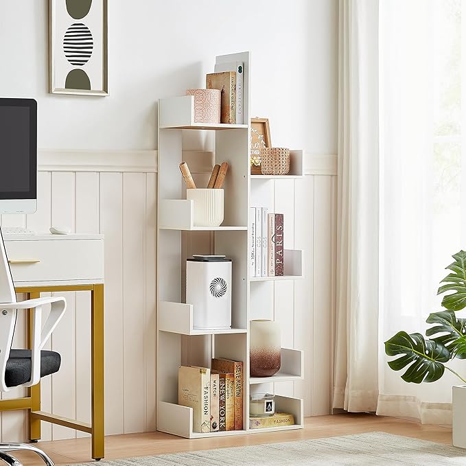 VECELO 8 Shelf Storage Tree Bookshelf,Wooden Book Display Shelves for CDs/Movies/Books, FreeStanding Geometric Tree-Shaped Bookcase Storgae Organizers for Home Office, Living Room,Bedroom,White - LeafyLoom