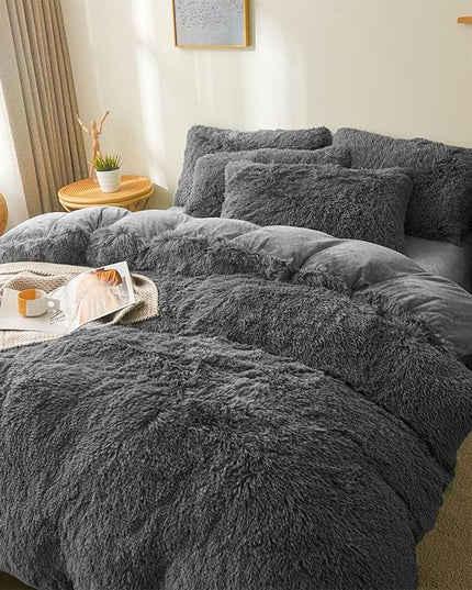 FOPPA Dark grey fluffy Comforter Cover Set king- Ultra Soft fluffy Dark grey Bedding Sets 3 Pieces (1 Duvet Cover + 2 Pillow case) Dark grey fluffy bed set (Dark Grey, King) - LeafyLoom