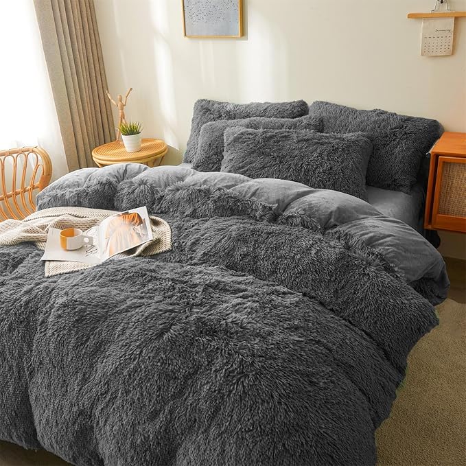 Fluffy dark grey comforters Cover twin size - Ultra Soft Plush dark grey bedding Sets 2 Pieces (1 faux fur comforter Cover + 1 fuzzy pillow case) girls shaggy dark grey twin bed set (Dark Grey, Twin) - LeafyLoom