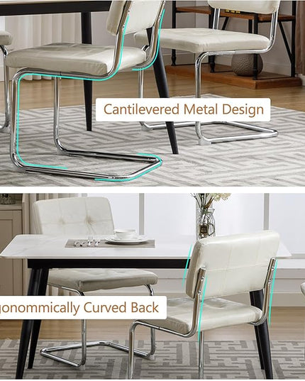 Forevich Mid Century Modern Dining Chairs Set of 4, Leather Kitchen Dining Room Side Chairs Upholstered Armless Accent Chairs with Metal Chrome Legs for Living Room, Bedroom White - LeafyLoom