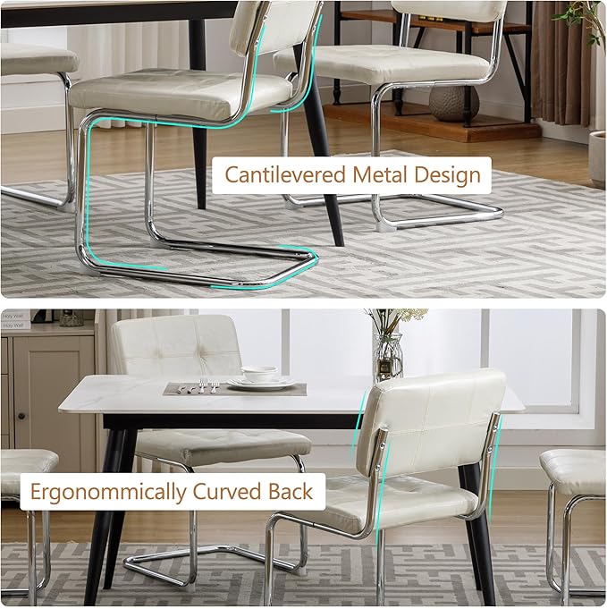 Forevich Mid Century Modern Dining Chairs Set of 4, Leather Kitchen Dining Room Side Chairs Upholstered Armless Accent Chairs with Metal Chrome Legs for Living Room, Bedroom White - LeafyLoom