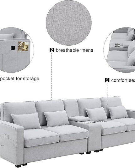 114.2" Linen Upholstered Sofa with Consoleand 2 USB Ports Wired or Wirelessly Charged,Modern 4-Seat Couches W/ 4 Pillows and Two Cupholders,for Living Room,Apartment, Gray, Light Grey - LeafyLoom