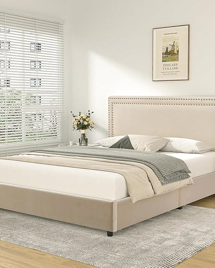 VECELO Full Size Upholstered Platform Bed Frame with 4 Storage Drawers, Adjustable Velvet Rivets Headboard, Wooden Slats Support, No Box Spring Needed, Easy Assembly - LeafyLoom