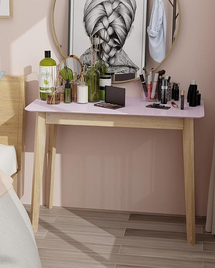 TaoHFE Pink Vanity Desk with Solid Rubber Wood Legs Glossy Pink 39 Inch Vanity Table Computer Desk for Home Small Spaces Girl Makeup Desk Modern Vanity Desk No Mirror Dressing Table for Bedroom - LeafyLoom