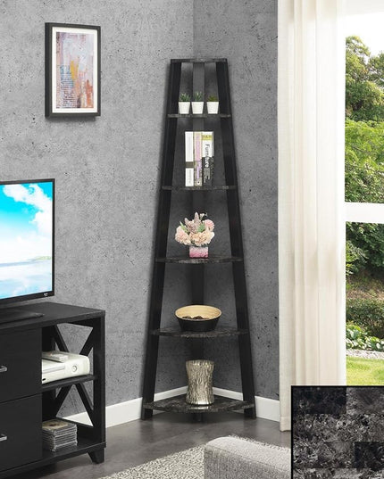 Convenience Concepts Newport 5-Tier Corner Bookshelf, Black Faux Marble/Black - LeafyLoom