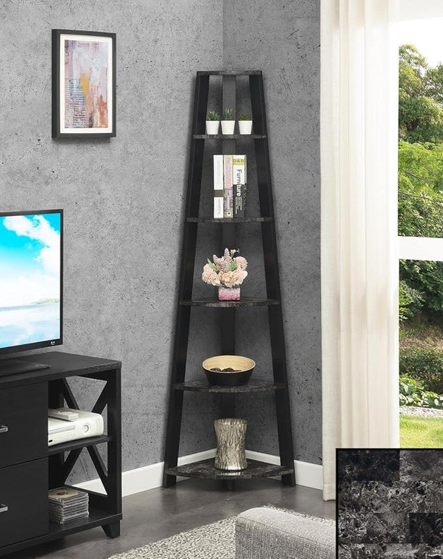 Convenience Concepts Newport 5-Tier Corner Bookshelf, Black Faux Marble/Black - LeafyLoom