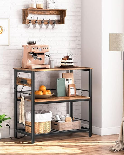 HOOBRO Kitchen Island with Storage, Kitchen Island Table with Power Outlet, 3 Tier Coffee Station and Microwave Stand, for Home, Kitchen and Dining Room, Rustic Brown and Black BF021ZD01 - LeafyLoom