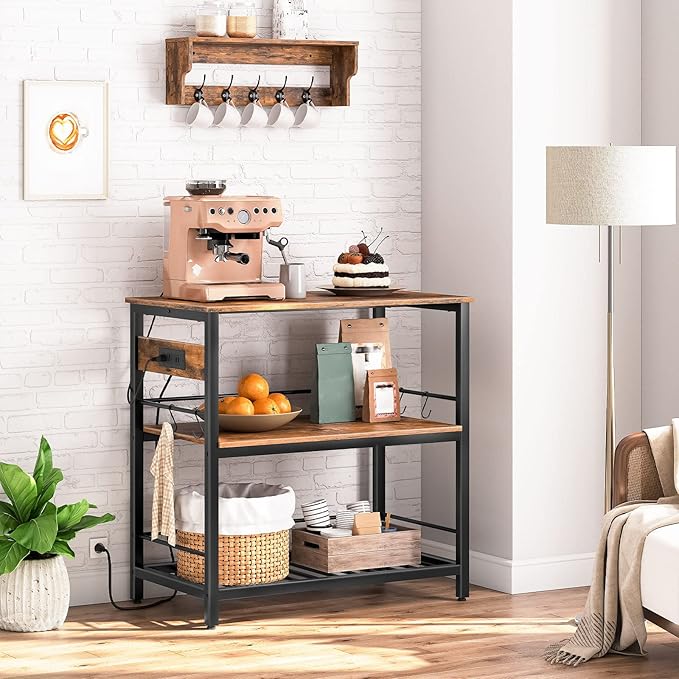 HOOBRO Kitchen Island with Storage, Kitchen Island Table with Power Outlet, 3 Tier Coffee Station and Microwave Stand, for Home, Kitchen and Dining Room, Rustic Brown and Black BF021ZD01 - LeafyLoom