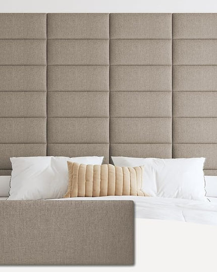 Upholstered Wall Mounted Headboard, 3D Soundproof Wall Panels Peel and Stick Headboard for Queen Size, Reusable and Removable Tufted Bed Headboard in Linen(6 Panels, 10" x 24") - LeafyLoom
