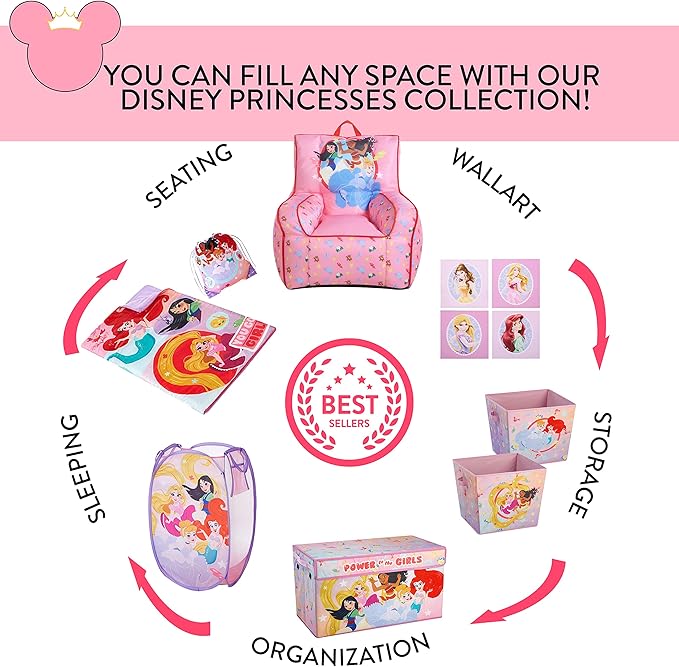 Idea Nuova Disney Little Mermaid Kids and Toddler Canvas Bean Bag Chair with Piping & Top Carry Handle - LeafyLoom
