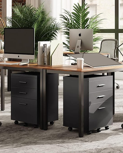 DEVAISE 3 Drawer File Cabinet for Home Office, Wood Under Desk Filing Cabinet, Rolling Printer Stand with Wheels, Black - LeafyLoom