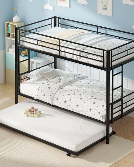 VECELO Twin Over Twin Bunk Bed with Trundle, Metal Bunkbeds with Ladder and Full-Length Guardrail, Noise Free, No Box Spring Needed, Black - LeafyLoom