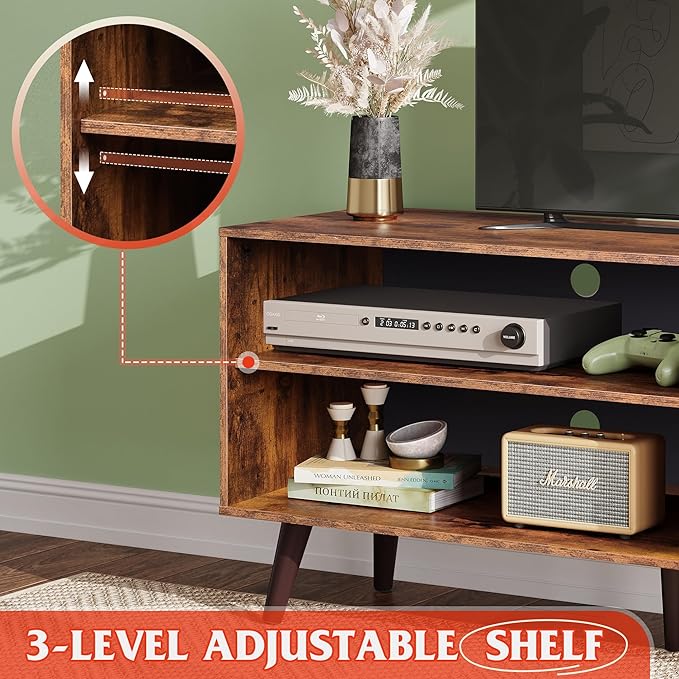 WLIVE Mid-Century Modern TV Stand for 55" TV, Entertainment Center with Storage, Open Shelves TV Console for Living Room and Bedroom, Retro Brown - LeafyLoom